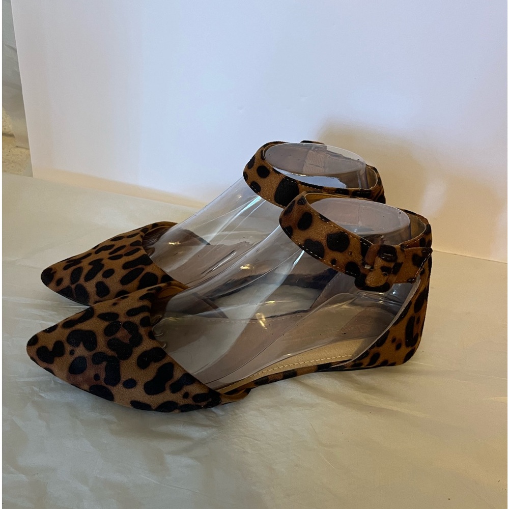 LOVE MARK LEOPARD SUEDE SHOE WOMEN 7.5 BLACK/BROWN ANKLE STRAP FLATS POINTY TOE